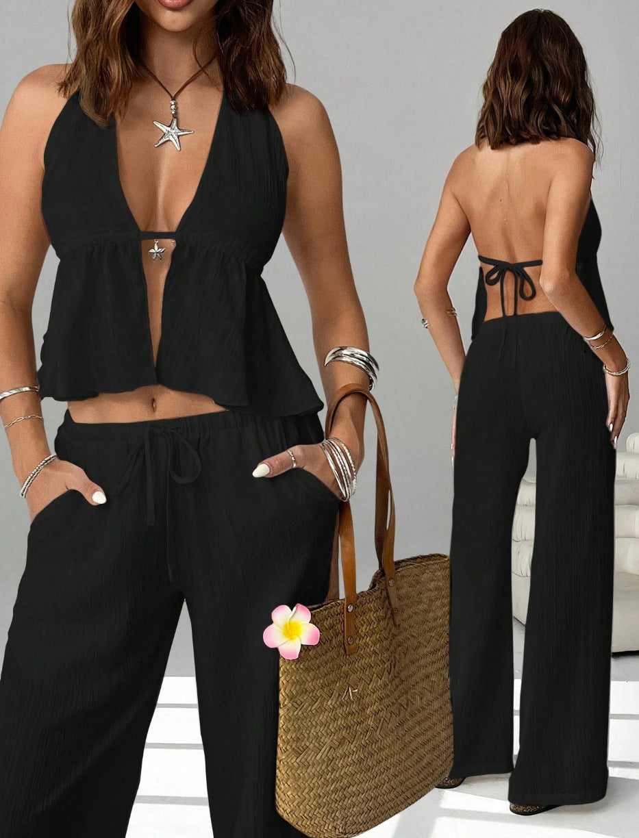 Halterneck Strap Sexy Backless Sleeveless Tank Top And Slim-fit Set