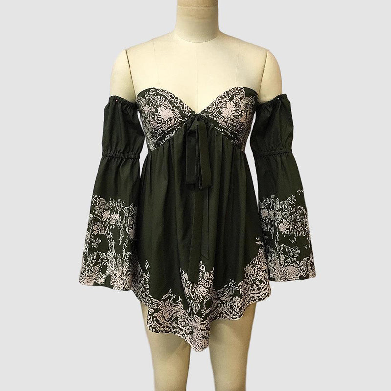 Women's Off-Shoulder Boho Mini Dress - Smocked Long Sleeve Party Beach Vacations Dress