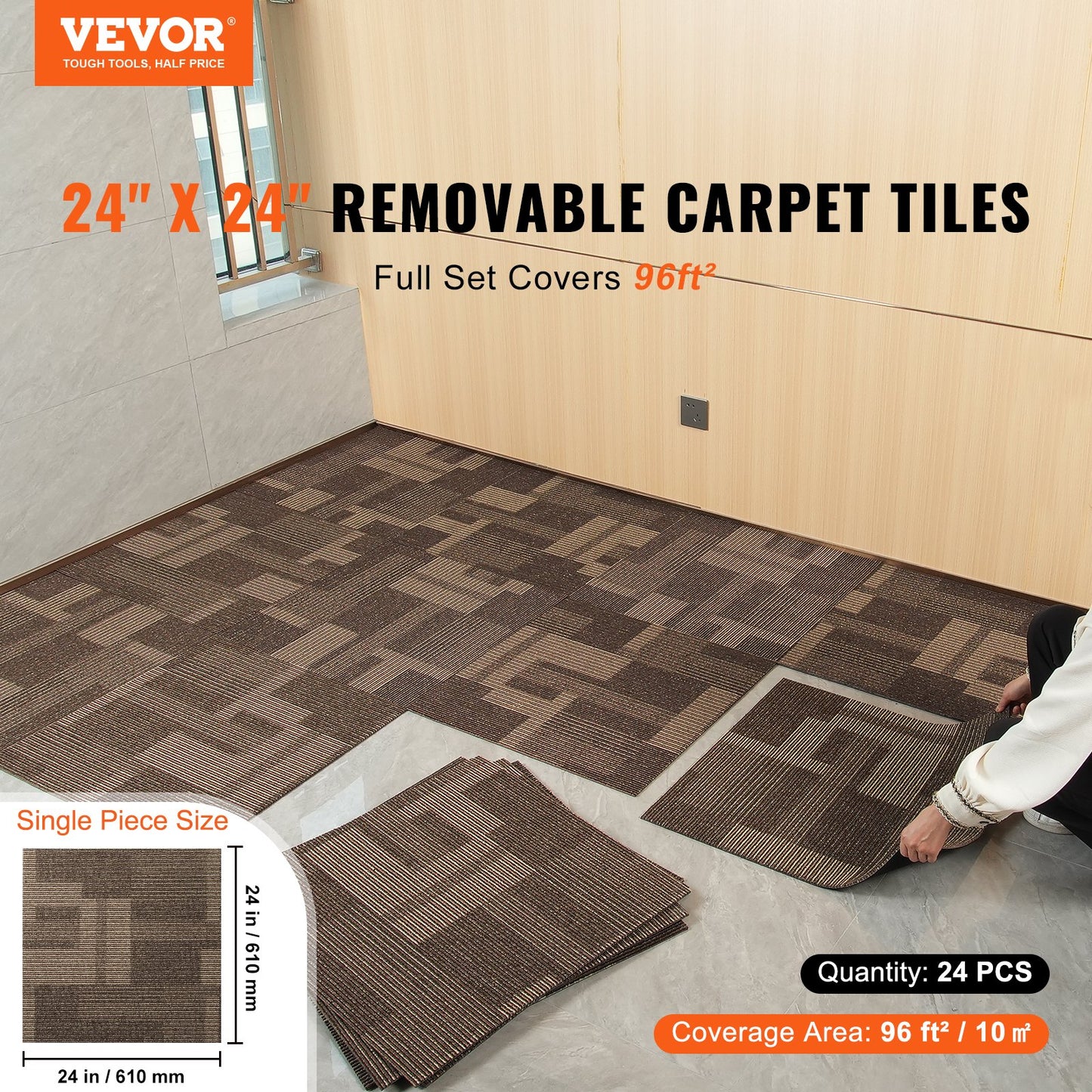 Teppichfliesen, 610 X 610 Mm, Teppichboden Mit Angebrachter Polsterung, Weich Gepolsterte Teppichfliesen, Einfache DIY-Installation Für Schlafzimmer Und Wohnzimmer (24 Stk., Gemischtes Braun)