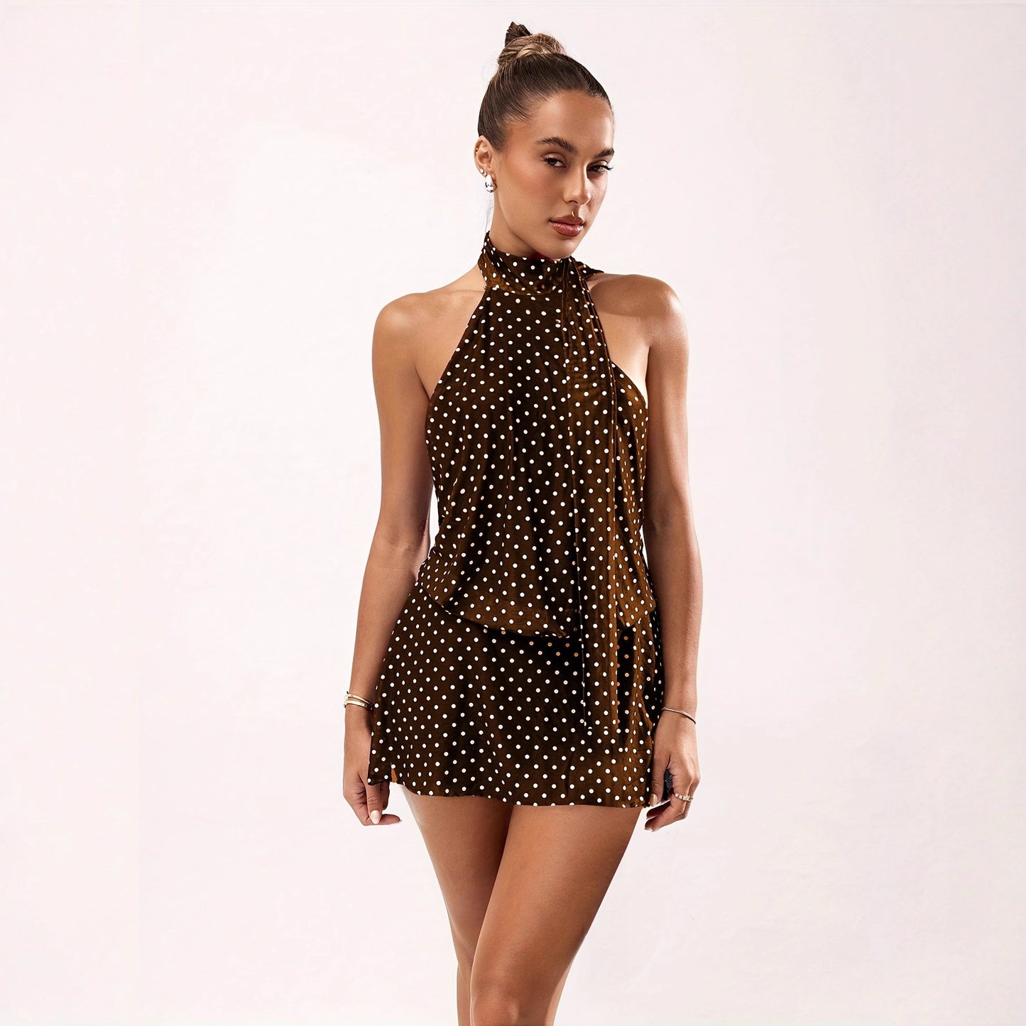 Womens Sexy Polka-Dot Printed Halterneck Mini Dress