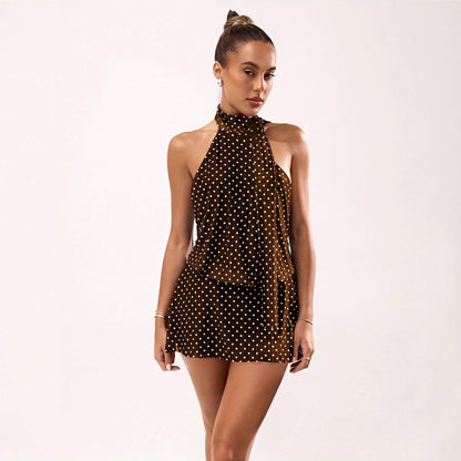 Womens Sexy Polka-Dot Printed Halterneck Mini Dress