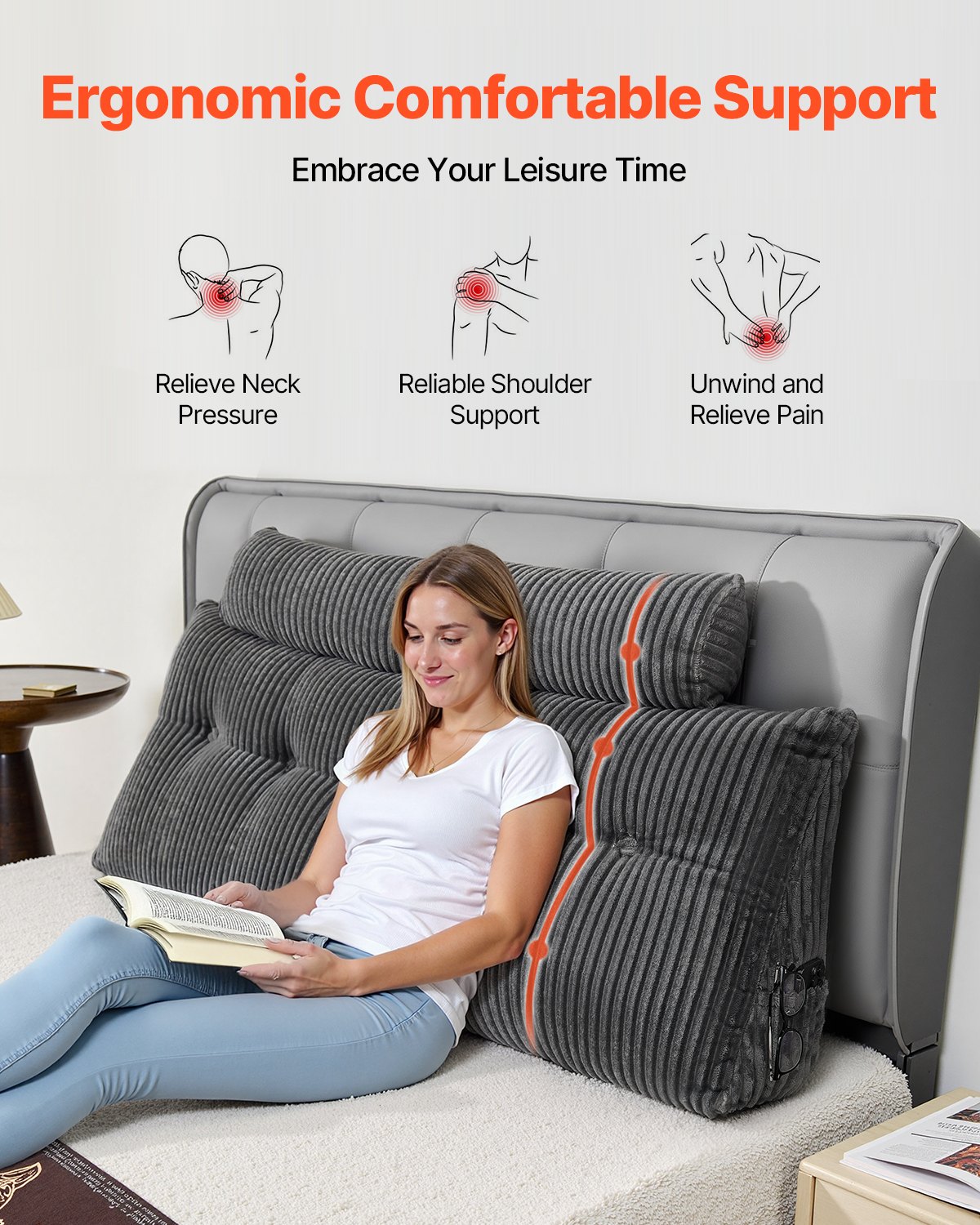 Headboard Pillow, Queen Size Wedge Headboard Pillow With 2 Side Pockets And 2 Headrests, Bed Wedge Pillow With Washable Flannel Cloth, For Reading, Gaming, Resting, Working In Bed, Grey
