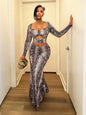 Fashionable And Sexy Printed Snake-pattern Long-sleeve Top And Maxi Skirt Set