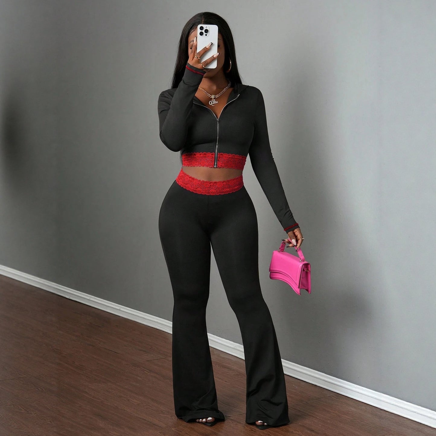 Fashionable Solid-Color Patchwork Lace Casual Jacket And Pants Set