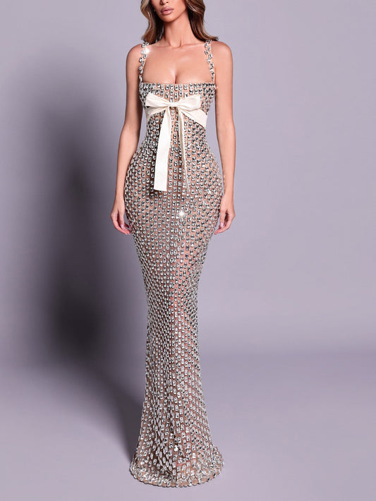 Crystal-Embellished Maxi Dress With White Bow Detail