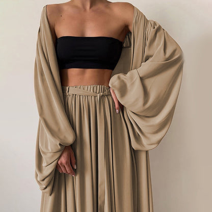 Women's Solid 3-Piece Set Lantern Sleeve Long Cardigan & Short Tube Top & Wide Leg Trousers With Drawstring Spring Summer Fashion Flowy Outfit