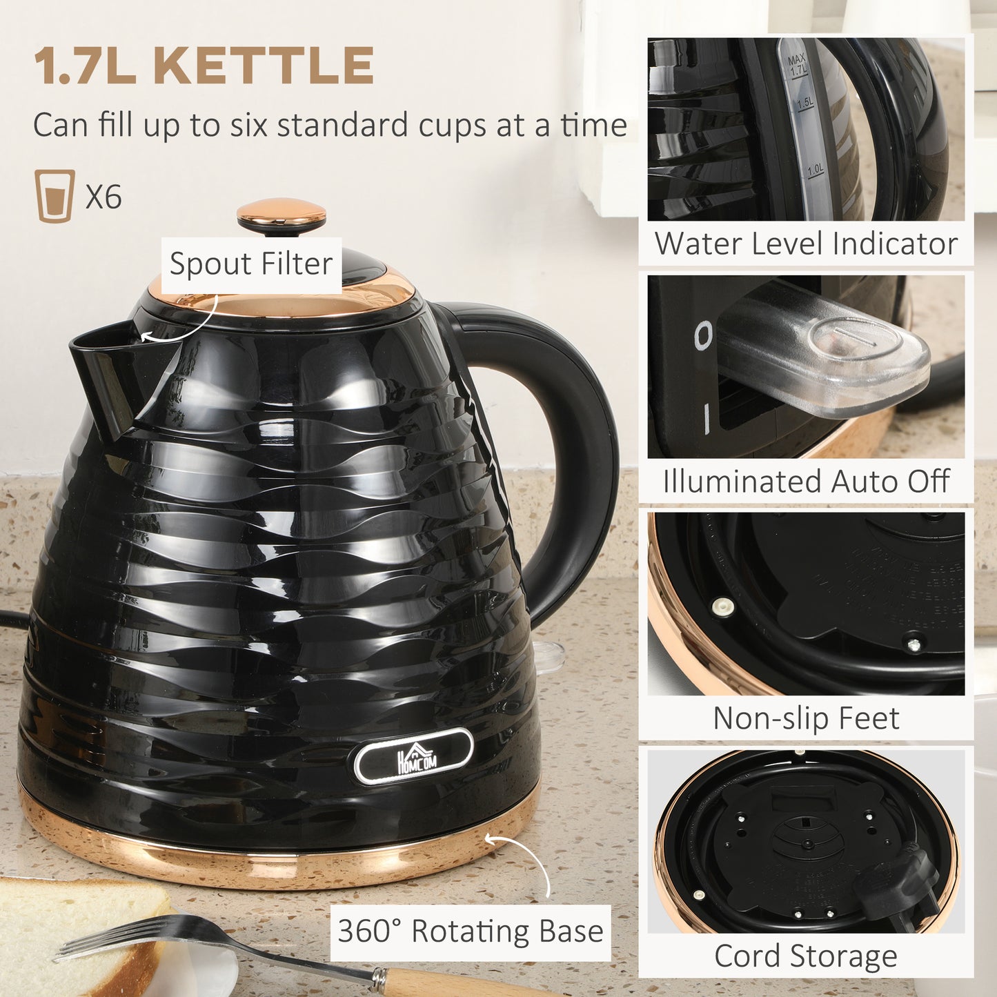 Kettle And Toaster Sets, 3000W 1.7L Rapid Boil Kettle & 4 Slice Toaster With 7 Browning Controls, Defrost, Reheat And Crumb Tray, UK Otter Thermostat, Black