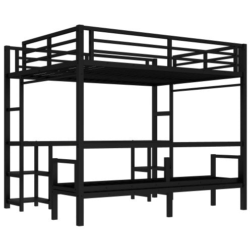 Queen Over Twin XL Metal Bunk Bed Loft Bed With Desk And Shelves, Multiple Uses Folds Into Sofa With LED And USB, Black