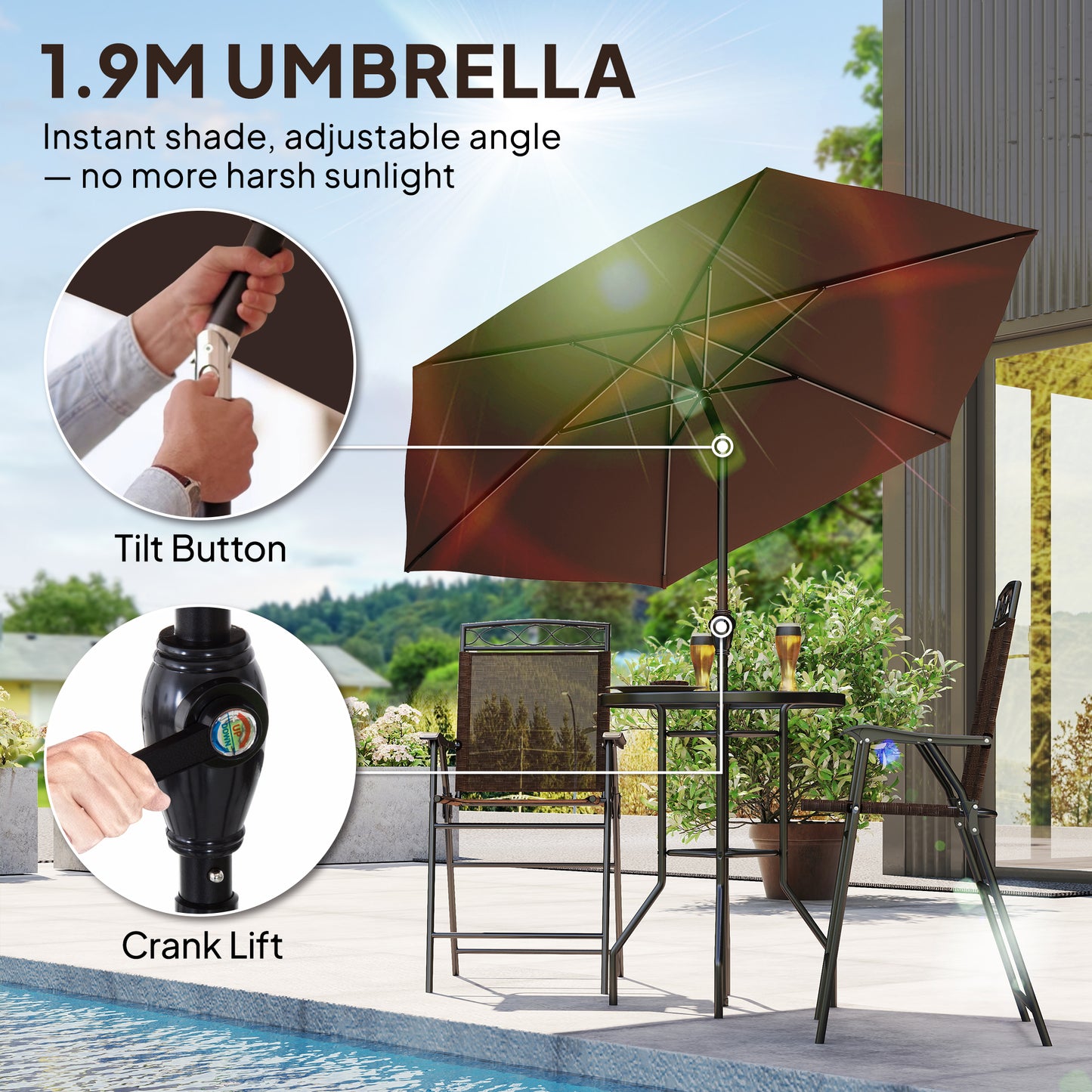 4 Piece Outdoor Bar Set With Umbrella, Patio Dining Set With 2 Folding Chairs, Wave Textured Tempered Glass Table For Backyard, Garden, Deck, Poolside, Brown