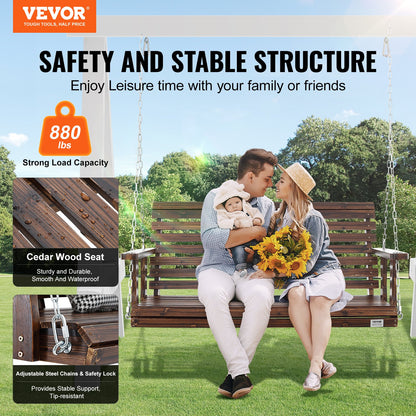 VEVOR Wooden Porch Swing 4.5 Ft, Patio Bench Swing For Courtyard & Garden, Upgraded 880 Lbs Strong Load Capacity, Heavy Duty Swing Chair Bench With Hanging Chains For Outdoors, Carbonized Brown