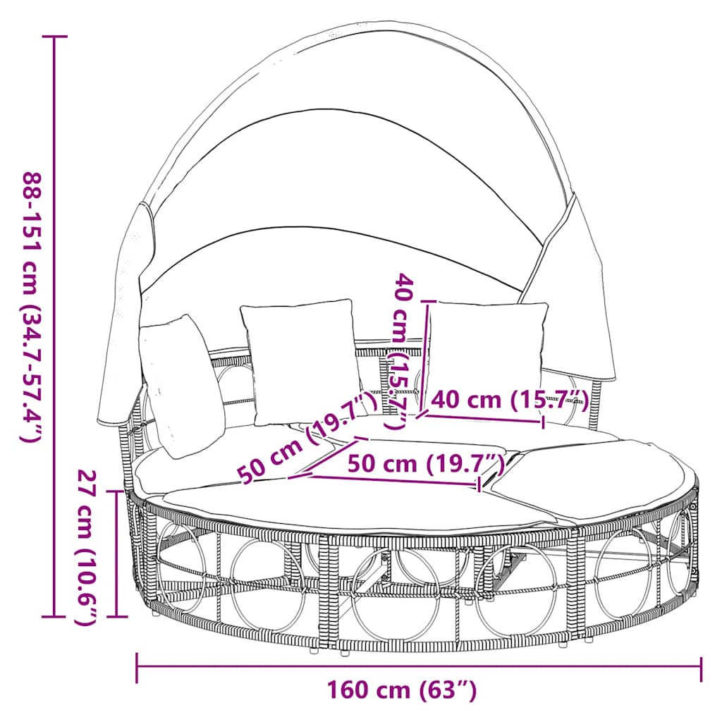 Outdoor Lounge Bed with Canopy and Cushions, Poly Rattan