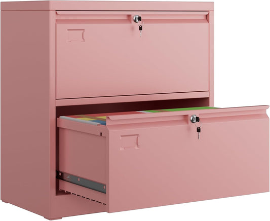 Metal 2 Drawer Lateral File Cabinet With 2 Lock - Wide Filing Cabinet For Letter Legal F4 A4 Hanging Files - Includes Business Card Holder,Home Office School Storage,Pink