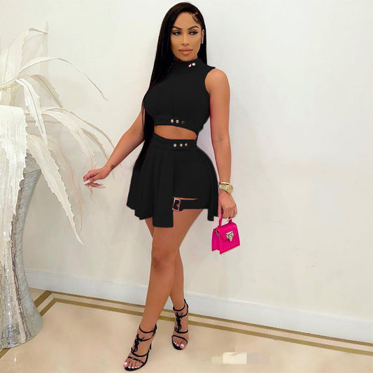 Summer European And American Women's Clothing Sleeveless Clinch Decorative Short Culottes Two-piece Set