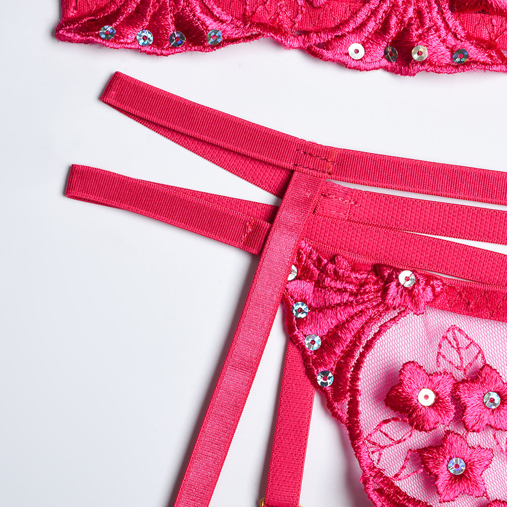 Women's Embroidery Flower Sequin Stitching Three-piece Set With Steel Ring