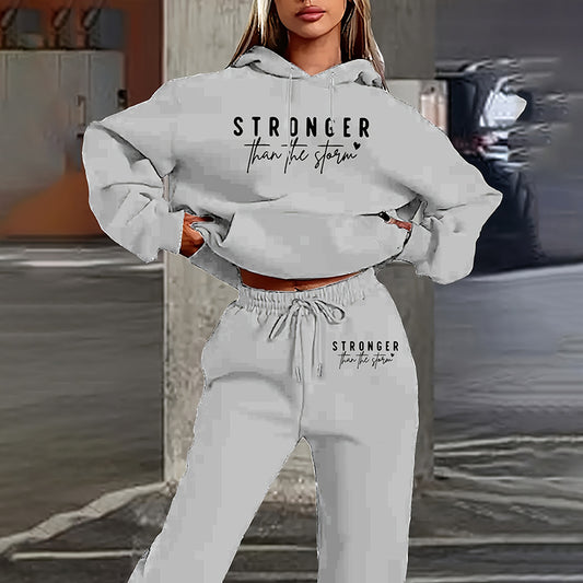Women's Solid 2-Piece Set Letter Print Hoodie With Pocket & Drawstring Jogger Pants Casual Tracksuit