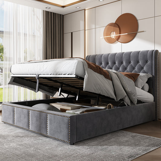 Upholstered Bed,King Size Bed-5ft 150x200cm,with Hydraulic Lever, Functional Storage Bed, Rivet Decoration, Without Mattress, Velvet, Grey