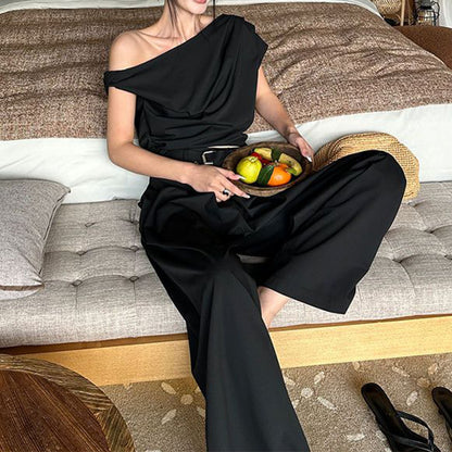 Beige Asymmetrical Tube Top And Wide Leg Pants Womens