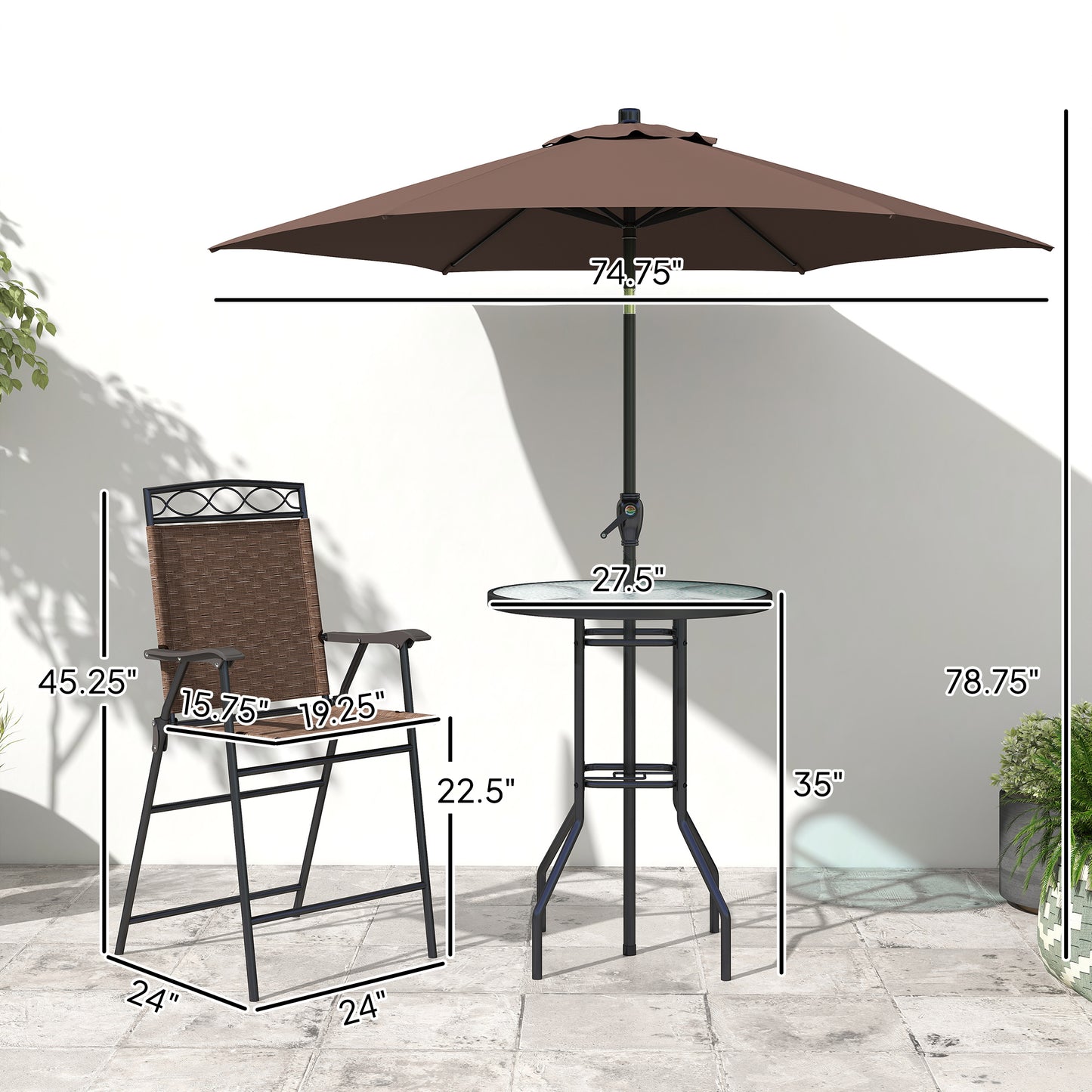 4 Piece Outdoor Bar Set With Umbrella, Patio Dining Set With 2 Folding Chairs, Wave Textured Tempered Glass Table For Backyard, Garden, Deck, Poolside, Brown