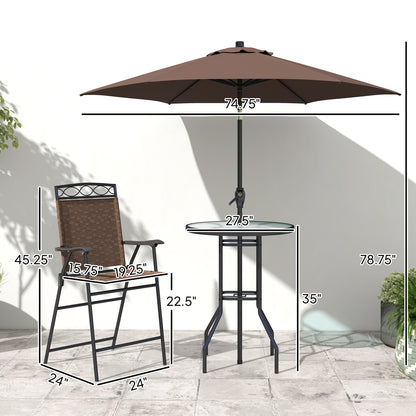 4 Piece Outdoor Bar Set With Umbrella, Patio Dining Set With 2 Folding Chairs, Wave Textured Tempered Glass Table For Backyard, Garden, Deck, Poolside, Brown