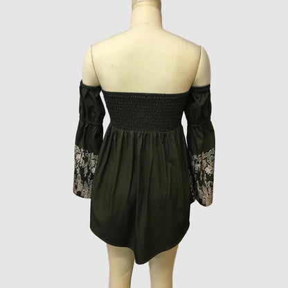 Women's Off-Shoulder Boho Mini Dress - Smocked Long Sleeve Party Beach Vacations Dress
