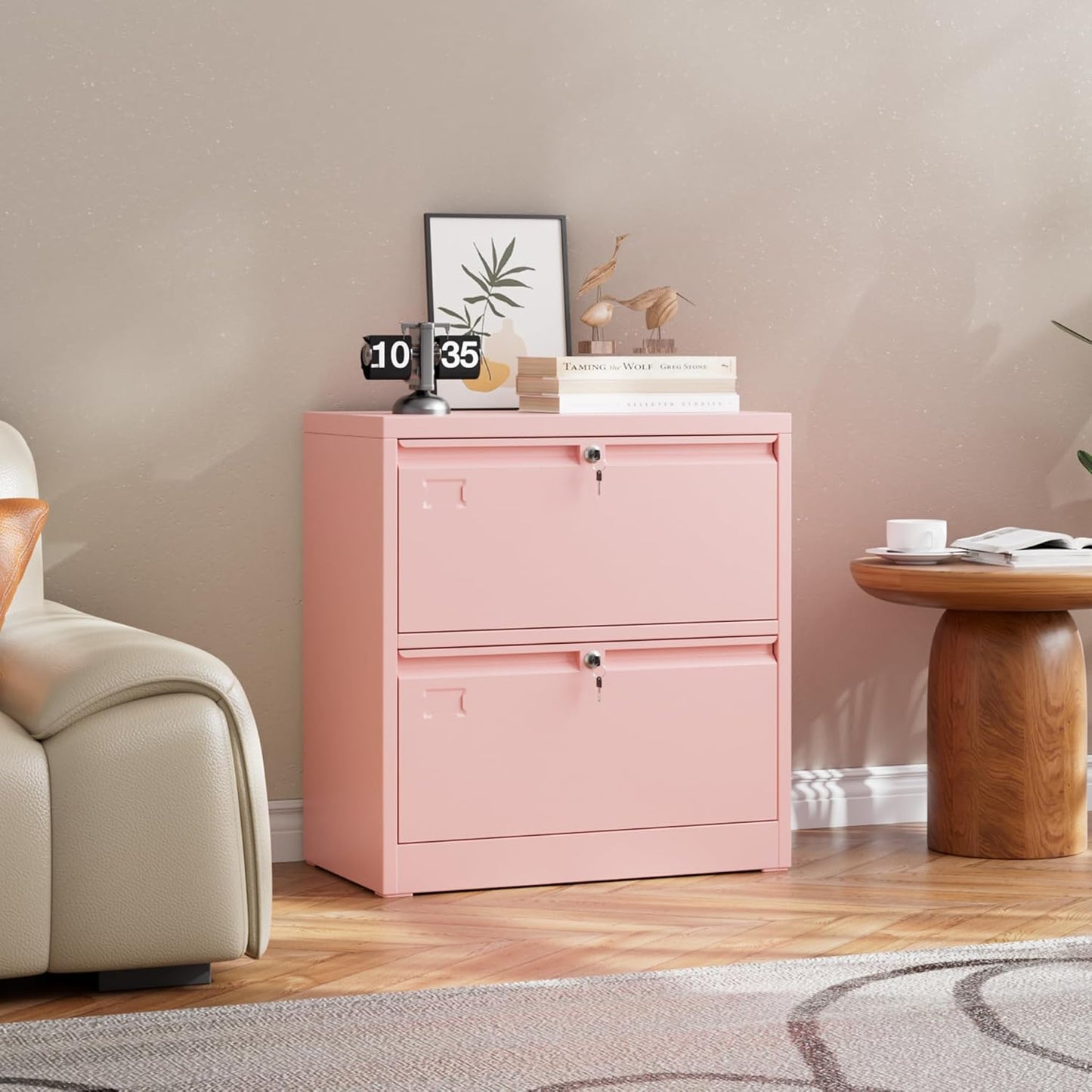 Metal 2 Drawer Lateral File Cabinet With 2 Lock - Wide Filing Cabinet For Letter Legal F4 A4 Hanging Files - Includes Business Card Holder,Home Office School Storage,Pink