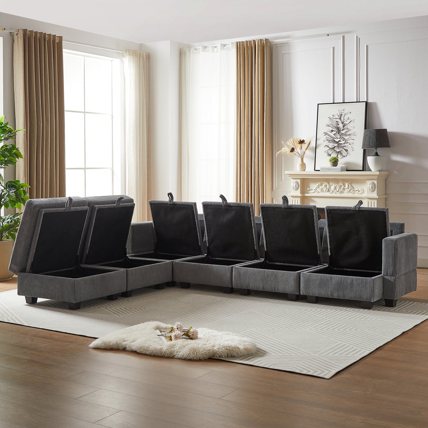 113.5' Modular Sectiona Corduroy Sofa, Sectional Couches For Living Room U Shaped Sectional Couch With Storage Ottoman, 6 Seats Convertible Sectionals With Chaise