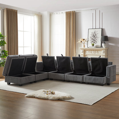 113.5' Modular Sectiona Corduroy Sofa, Sectional Couches For Living Room U Shaped Sectional Couch With Storage Ottoman, 6 Seats Convertible Sectionals With Chaise
