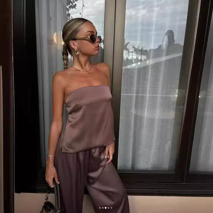 Urban Leisure Solid Color Fashion Graceful Tube Top Satin Suit