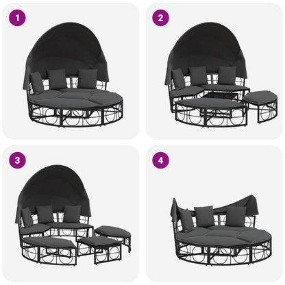 Outdoor Lounge Bed with Canopy and Cushions, Poly Rattan