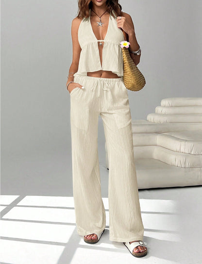 Halterneck Strap Sexy Backless Sleeveless Tank Top And Slim-fit Set