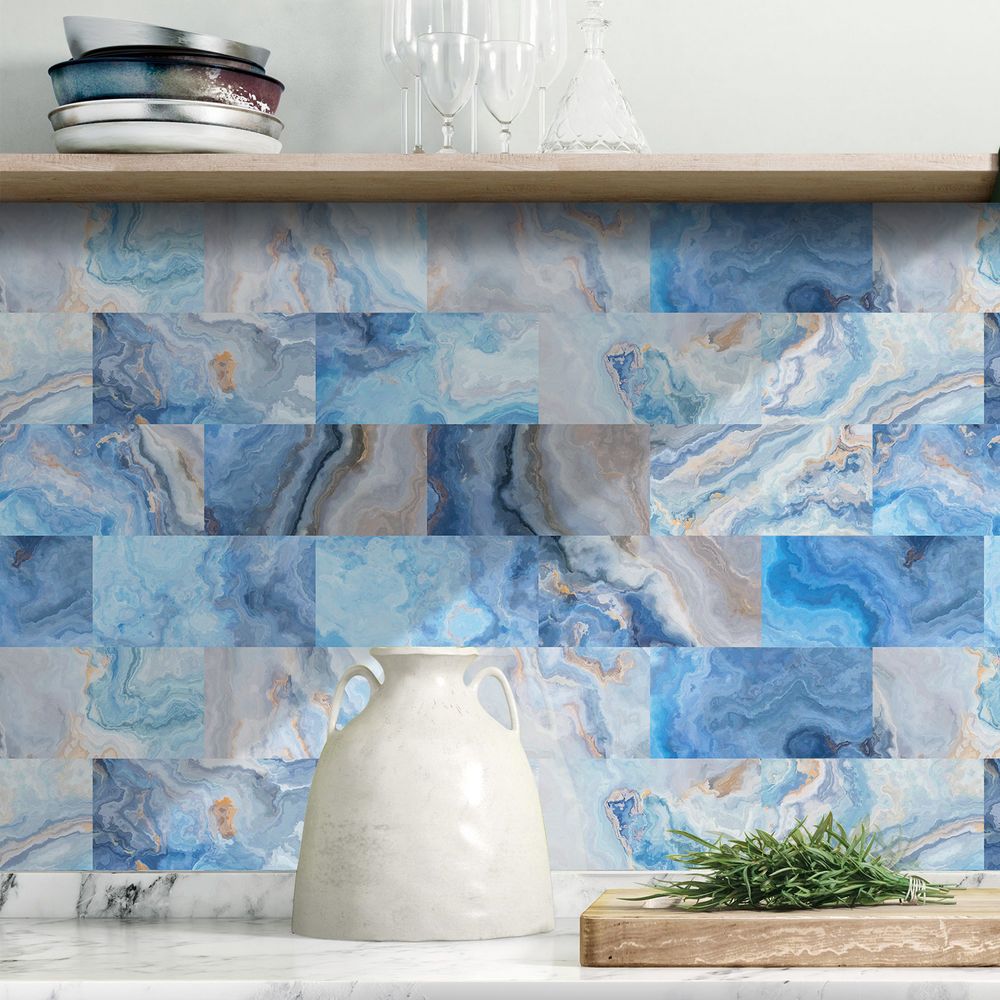 Sea Blue Marble Wall Stickers Waterproof Oil Resistant Self-adhesive Wall Panels PVC Leather Stickers Wallpaper Modern Style For Kitchen, Bathroom, Laundry Room, Wall Decoration
