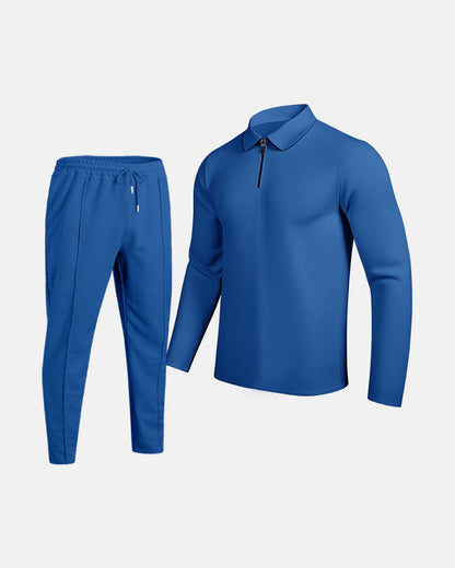 Men's Solid-Colored Waffle-Texture Top With Zipper And Lapel Plus Long Pants All-Season Casual Suit