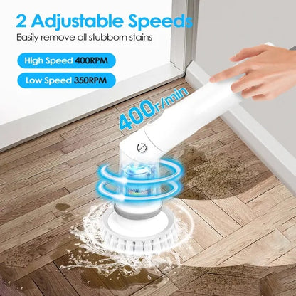 Electric Spin Scrubber Cordless Rechargeable Telescopic Cleaning Brush 6 Replaceable Heads