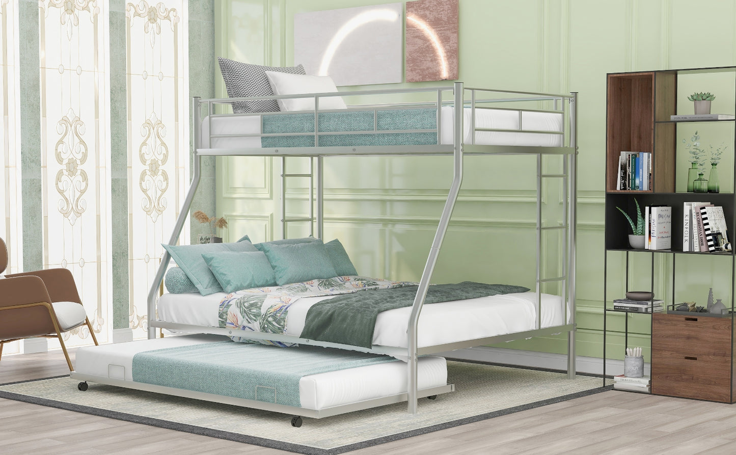 Twin Over Full Bunk Bed With Steel Frame, Trundle, Two-Side Ladders, Silver