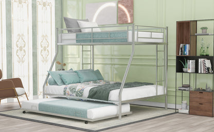 Twin Over Full Bunk Bed With Steel Frame, Trundle, Two-Side Ladders, Silver