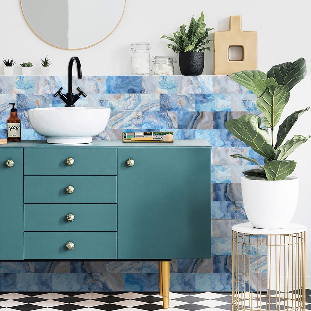 Sea Blue Marble Wall Stickers Waterproof Oil Resistant Self-adhesive Wall Panels PVC Leather Stickers Wallpaper Modern Style For Kitchen, Bathroom, Laundry Room, Wall Decoration
