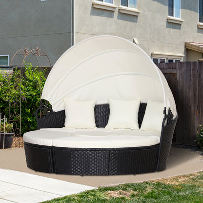 Five-Piece Rattan Garden Bed, With Canopy - Black/White