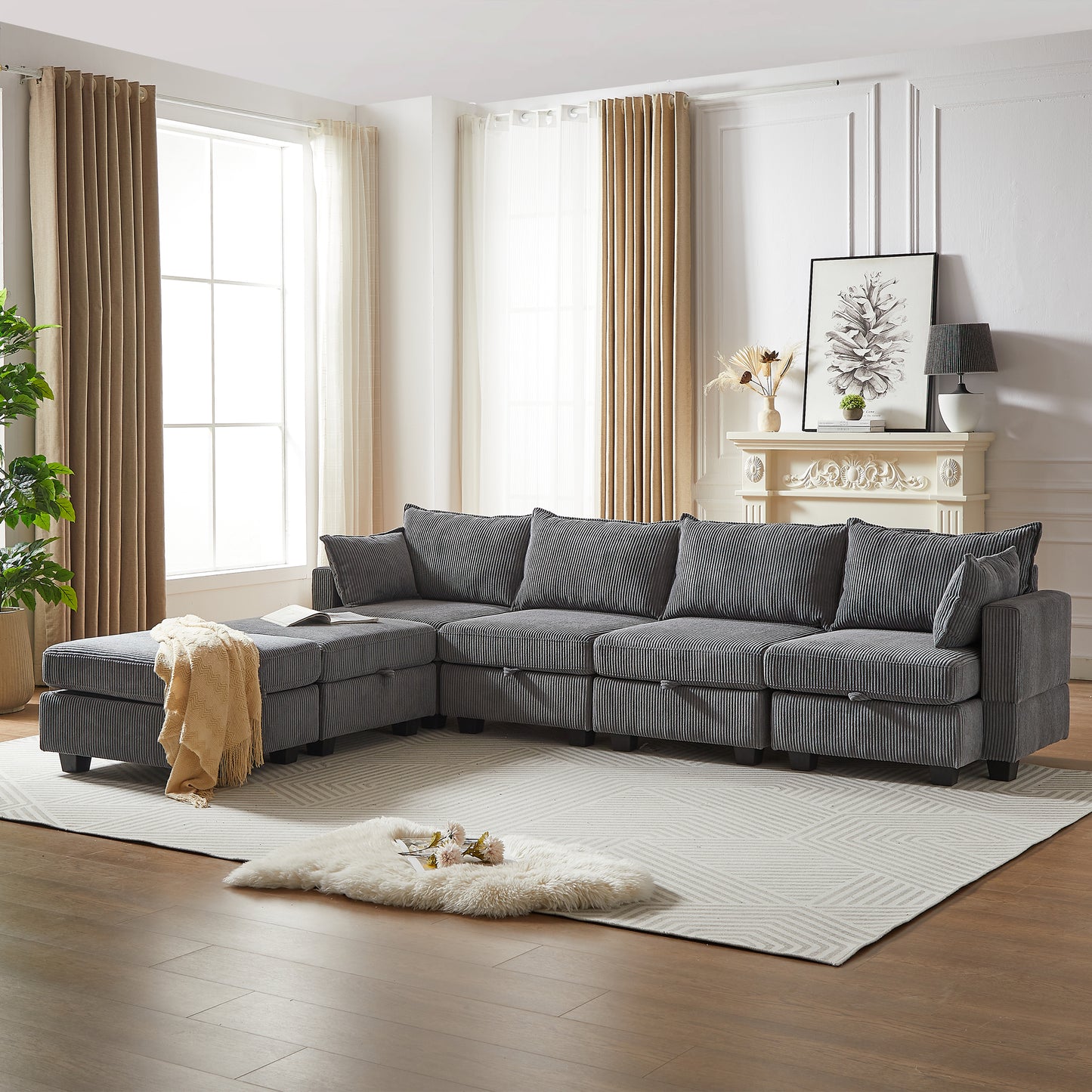 113.5' Modular Sectiona Corduroy Sofa, Sectional Couches For Living Room U Shaped Sectional Couch With Storage Ottoman, 6 Seats Convertible Sectionals With Chaise