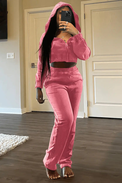 Stylish Casual Womens Two-Piece Sweatshirt Set Zip-Up Hoodie And Long Pants Combo