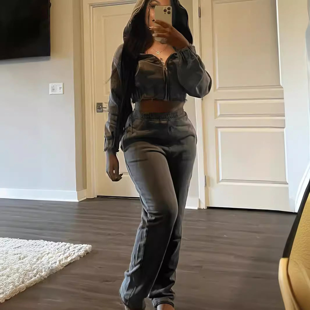 Stylish Casual Womens Two-Piece Sweatshirt Set Zip-Up Hoodie And Long Pants Combo