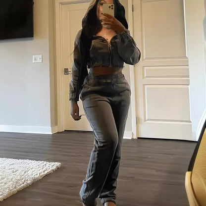 Stylish Casual Womens Two-Piece Sweatshirt Set Zip-Up Hoodie And Long Pants Combo