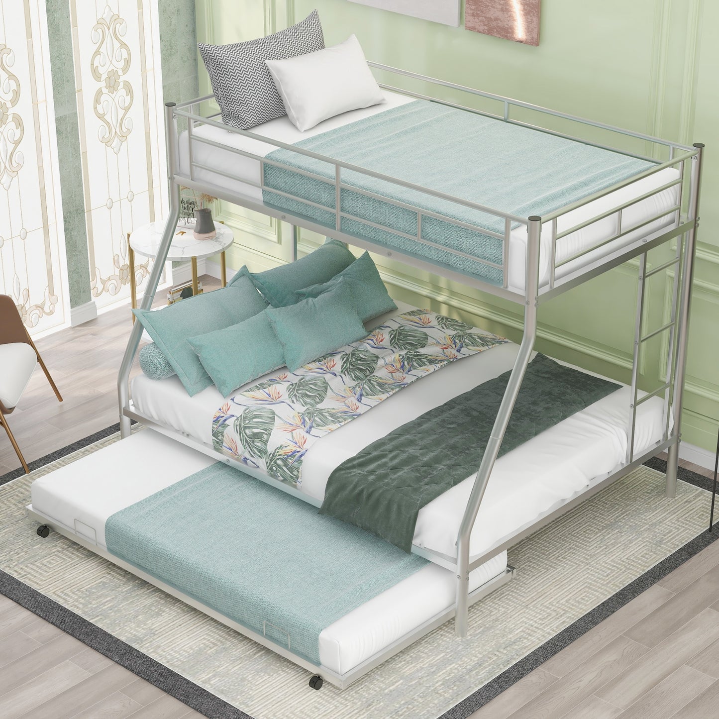 Twin Over Full Bunk Bed With Steel Frame, Trundle, Two-Side Ladders, Silver