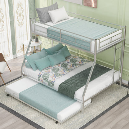 Twin Over Full Bunk Bed With Steel Frame, Trundle, Two-Side Ladders, Silver
