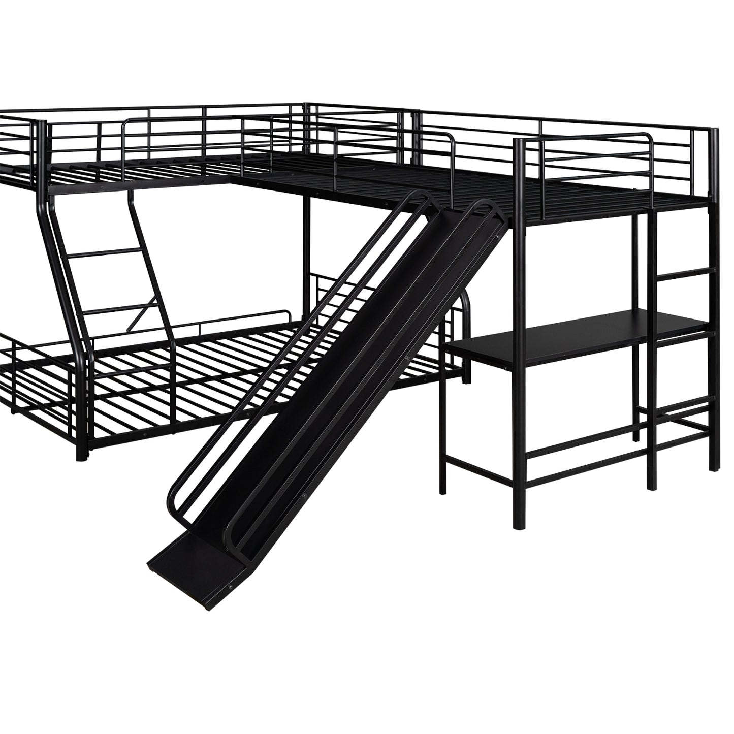 L-Shaped Twin Full Bunk Bed With Loft, Desk  Slide, Black