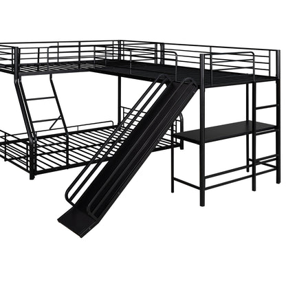 L-Shaped Twin Full Bunk Bed With Loft, Desk  Slide, Black
