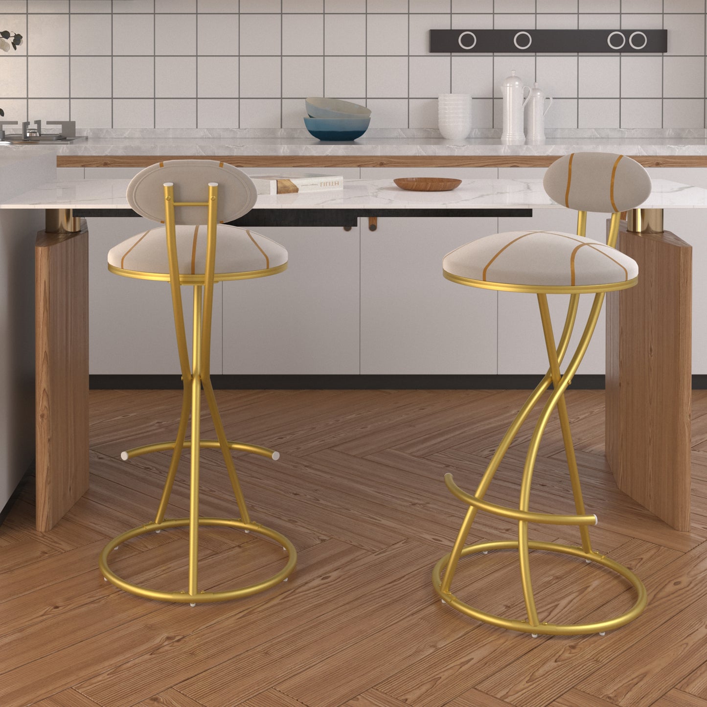 Round Bar Stools S-shaped Stripe Kitchen Stool Set Of 2 Modern Velvet Upholstered Counter Chair For Dining Room Gold  Stripe