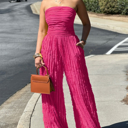 Womens Solid-Color Strapless Sleeveless Wide-Leg Casual Jumpsuit