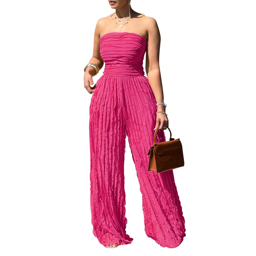 Womens Solid-Color Strapless Sleeveless Wide-Leg Casual Jumpsuit