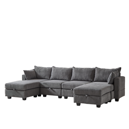 113.5' Modular Sectiona Corduroy Sofa, Sectional Couches For Living Room U Shaped Sectional Couch With Storage Ottoman, 6 Seats Convertible Sectionals With Chaise