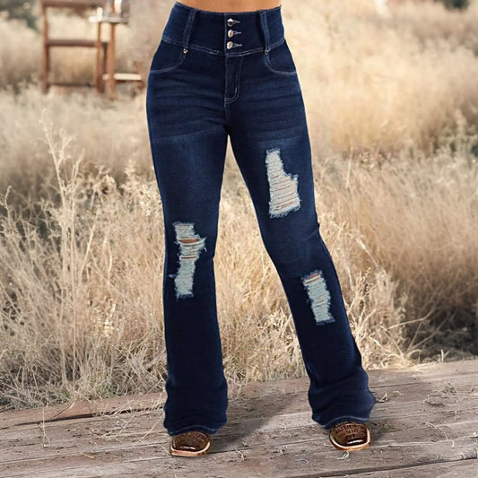 Women's Ripped Wide Leg Jeans, High Waisted Flare Fit With Distressed Details And Button Fly, Casual Stretch Denim Pants